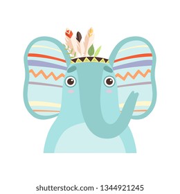 Cute Elephant Animal Wearing Indian Traditional Tribal Headdress with Feathers Vector Illustration