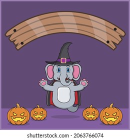 Cute Elephant Animal wearing Vampire Halloween Custome, With Blank Space Banner, Pumpkins and Flying Position. Vector And Illustration.