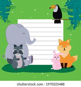 Cute elephant and animals cartoons with paper note