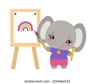 Cute elephant artist drawing with paint brush and easel. Art studies school subject. Funny student cartoon elephant. Kawaii animal holding brush standing by the easel and smiling. Art class sign.