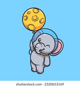Cute Elephant Astronaut Floating with Moon Balloon Cartoon Vector Icon Illustration. Animal Science Icon Concept Isolated Premium Vector. Flat Cartoon Style