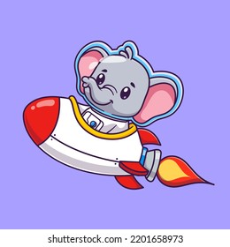 Cute Elephant Astronaut Riding Rocket Cartoon Vector Icon Illustration. Animal Science Icon Concept Isolated Premium Vector. Flat Cartoon Style