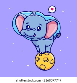 Cute Elephant Astronaut Standing On Moon Cartoon Vector Icon Illustration. Animal Science Icon Concept Isolated Premium Vector. Flat Cartoon Style