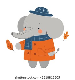 Lindo elefante en abrigo de otoño, con un sombrero y una bufanda. Ilustración vectorial de dibujos animados de personajes de animales. Gráficos​ diseños​ para la impresión, textil, tela para el bebé, los niños y el niño.