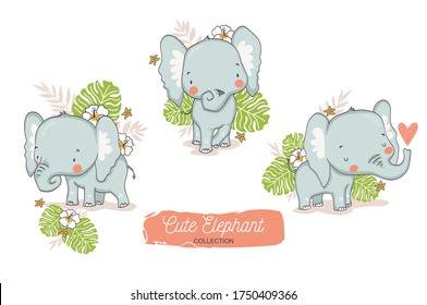 Cute elephant baby with backdrop. Stickers collection. Jungle animal cartoon character. Hand drawn kids card template design.