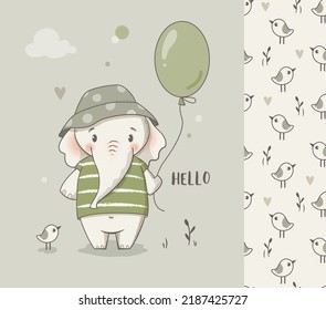 Cute elephant baby boy card and seamless pattern. Kids wear print, baby shower greeting card, invitation template.