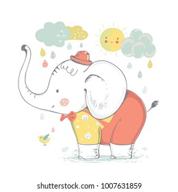 Cute elephant baby boy. cartoon hand drawn vector illustration. Can be used for baby t-shirt print, fashion print design, kids wear, baby shower celebration, greeting and invitation card.