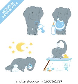 Cute elephant baby boy celebrating newborn isolated on white background - vector illustration set collection