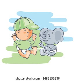 cute elephant with baby boy isolated icon