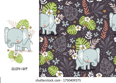 Cute Elephant Baby With Floral Backdrop. Jungle Animal Cartoon Character. Alphabetical Kids Card Print Template And Seamless Background Pattern. Hand Drawn Fabric Surface Design.