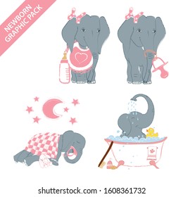 Cute elephant baby girl celebrating newborn isolated on white background - vector illustration set collection