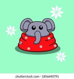 Cute elephant baby hiding in a big scarf because of chillness. Vector illustration animal in winter. Sticker, template, background, greeting card design. Merry Christmas and New Year card.