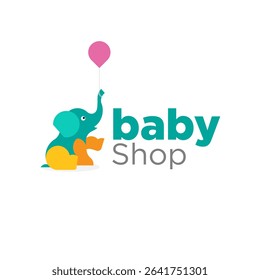 Cute elephant baby shop logo with colorful balloon for kids boutique and nursery branding