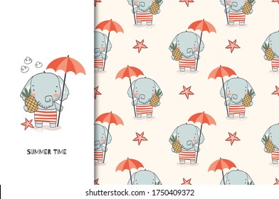 Cute elephant baby with umbrella and pineapple. Jungle animal cartoon character. Kids card template and seamless background pattern. Summer time. Hand drawn shirt print design.