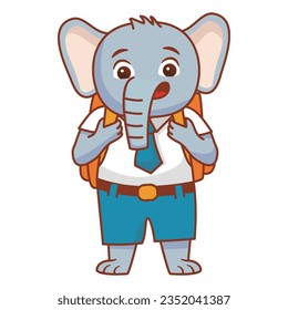 Cute elephant with backpack go to school.Animal back to school. The character is a schoolboy puppy.Animalistic childish character.Line art vector.Isolated on white background.