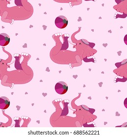 Cute elephant and ball. Seamless pattern. Pink color. Vector illustration.