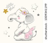Cute elephant ballerina cartoon hand drawn vector illustration. Can be used for  t-shirt print, kids wear fashion design, baby shower invitation card.