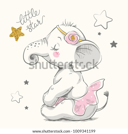 Cute elephant ballerina cartoon hand drawn vector illustration. Can be used for  t-shirt print, kids wear fashion design, baby shower invitation card.