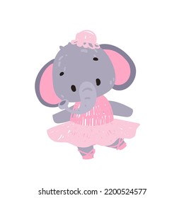 Un elefante lindo vestido de bailarina. Impresión vectorial para habitación infantil, tela, papel, tarjeta de felicitación, postal, tarjeta, camiseta, afiche, textil. Ilustración del vector