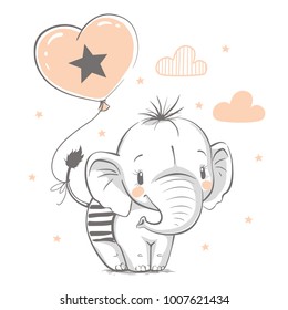 Cute elephant with balloon cartoon hand drawn vector illustration. Can be used for t-shirt print, kids wear fashion design, baby shower invitation card.