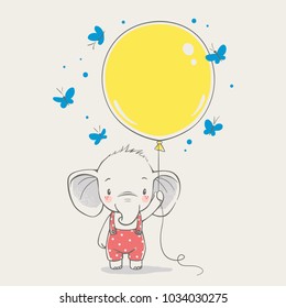 Cute elephant with balloon cartoon hand drawn vector illustration. Can be used for t-shirt print, kids wear fashion design, baby shower invitation card.