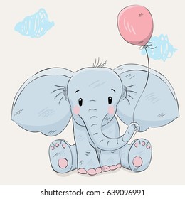 Cute elephant with balloon cartoon hand drawn vector illustration. Can be used for t-shirts print, fashion print design, children's clothing, baby shower, holiday greeting and invites.