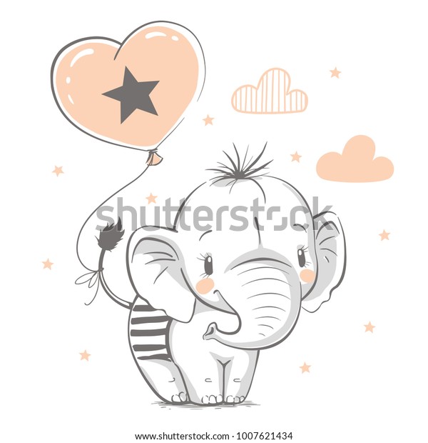Cute elephant with balloon cartoon hand
drawn vector illustration. Can be used for t-shirt print, kids wear
fashion design, baby shower invitation
card.