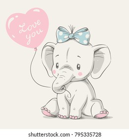 Cute elephant with balloon hand drawn vector illustration. Can be used for t-shirt print, kids wear fashion design, baby shower invitation card.
