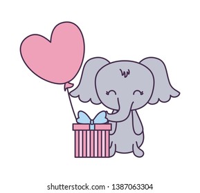 cute elephant with balloon helium and gift box