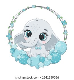 Cute elephant with balloon and wreath. Vector illustration for baby shower, greeting card, party invitation, fashion clothes t-shirt print.