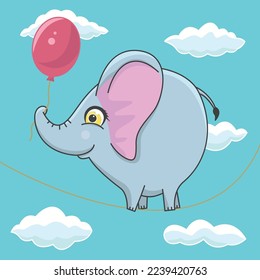 Cute elephant with balloons cartoon hand drawn vector illustration and walking on a rope keeping balance to stay focused. Can be used for t-shirt print, kids wear fashion design, baby invitation.