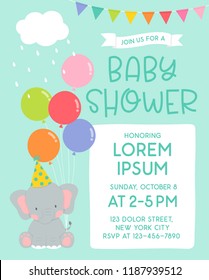 Cute elephant with balloons cartoon illustration for baby shower invitation card template.