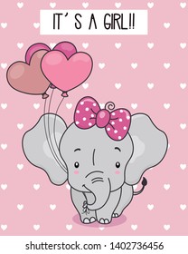 Cute elephant with balloons. Pink background with hearts. Baby girl shower card.