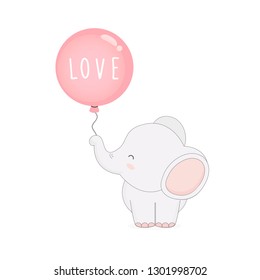 Cute elephant with balloons. Valentine's day card.