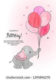 Cute elephant with balloons watercolor vector illustration. Happy Birthday card design.