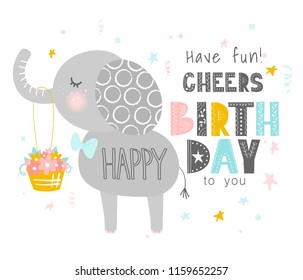 Cute elephant with a basket of flowers .Happy birthday. Greeting card, banner, poster. Scandinavian style flat design. Concept for children print. Vector illustration.