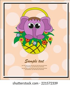 Cute elephant in a basket with flowers. Vector.