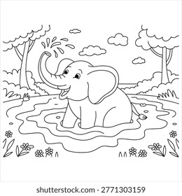 Cute elephant bathing line art illustration animal river scene outline drawing