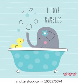 cute elephant bathing in tub with duck vector illustration