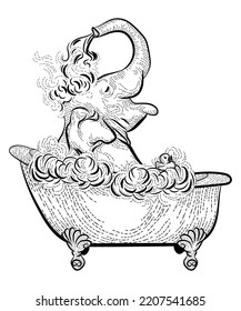 Cute elephant in bathtub. Vector illustration of exotic animal in a vintage clawfoot tub taking a bubble bath with a rubber duck. Hand drawn isolated ink drawing.