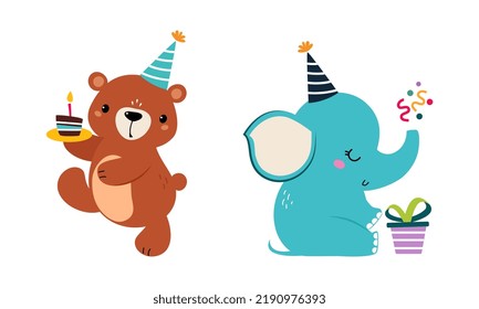 Cute Elephant and Bear Animal Congratulating with Birthday Holiday with Cake and Gift Box Vector Set