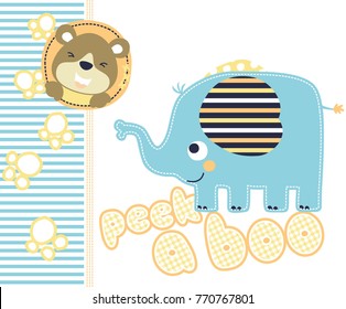 Cute elephant with bear in peek a boo game, vector cartoon illustration