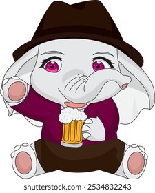 Cute elephant with beer glass chibi character vector