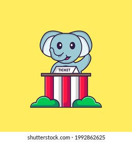 Cute elephant is being a ticket keeper. Animal cartoon concept isolated. Can used for t-shirt, greeting card, invitation card or mascot.