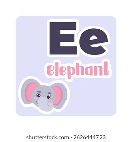 Un lindo elefante con un gran alfabeto inglés E. Ilustración vectorial en un estilo plano