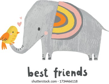 Cute elephant and bird. Best friends animal characters. Kids vector illustration. 