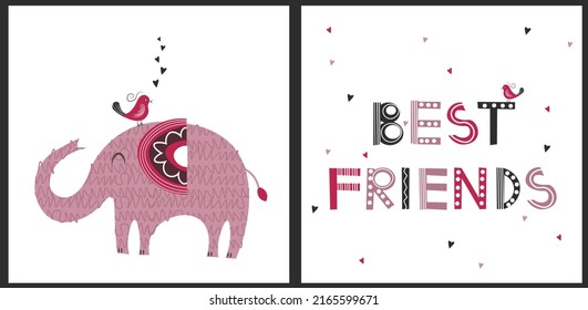 Cute elephant and bird. Best friends animal characters. Kids vector illustration.