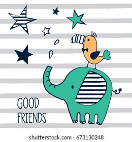 cute elephant and bird cartoon, good friends, baby shower card, invitation greeting birthday card, T-shirt graphics for kids vector illustration