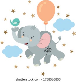 Cute elephant and bird flying with balloon in sky
