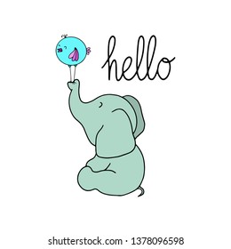 Cute elephant and bird hand drawn illustration. Cartoon character. Hello lettering. Postcard, children's greeting card design, sticker and poster